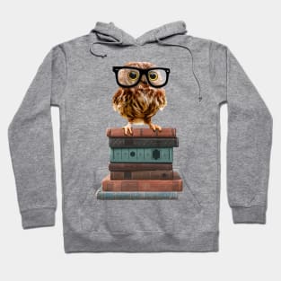 Adorable Nerdy Owl with Glasses on Books Hoodie